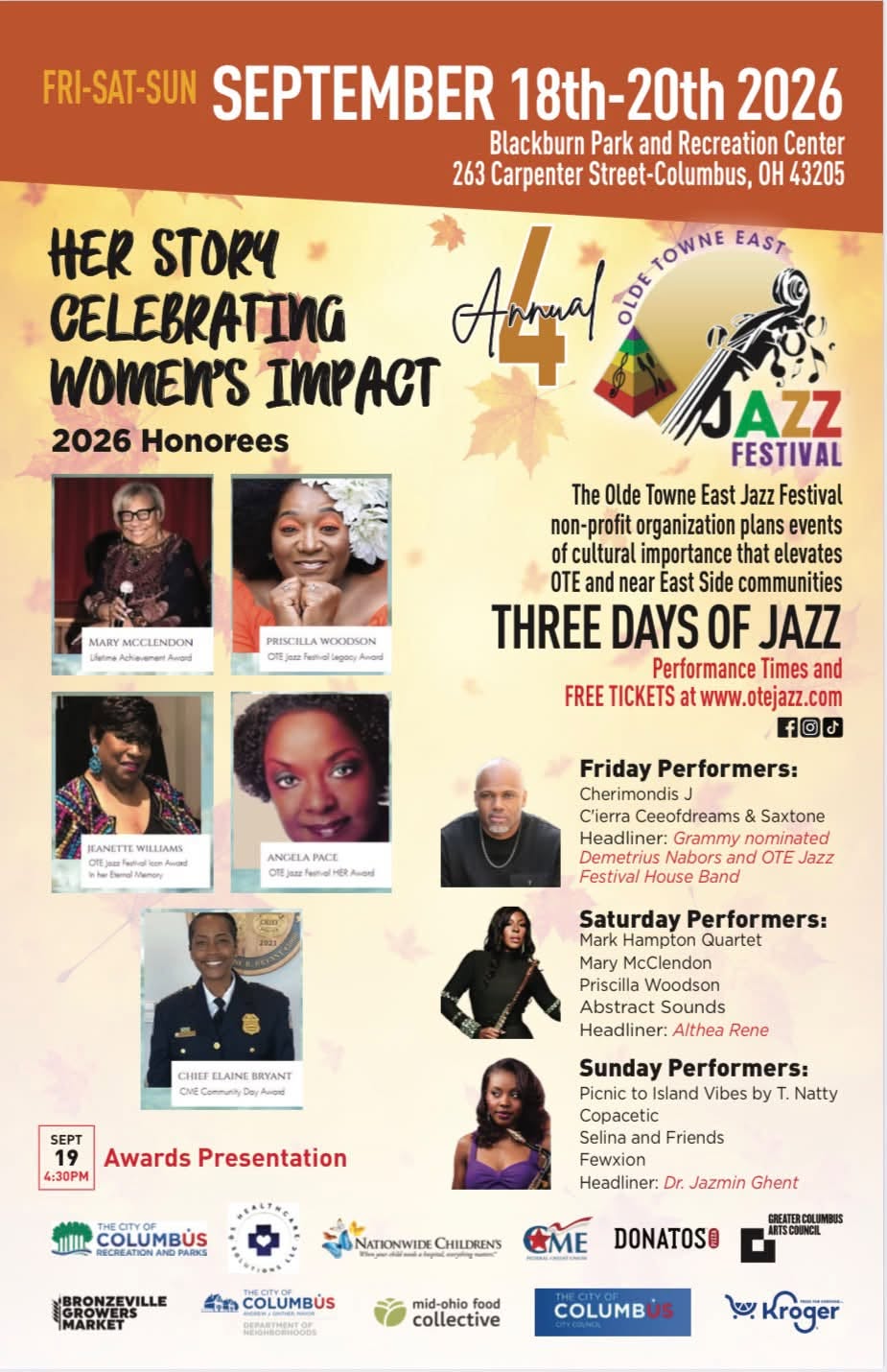 Promotional flyer for the 4th Annual Olde Towne East Jazz Festival, September 18–20, 2026, at Blackburn Park in Columbus, featuring the HER STORY: Celebrating Women’s Impact theme, 2026 honorees and three days of jazz performers.