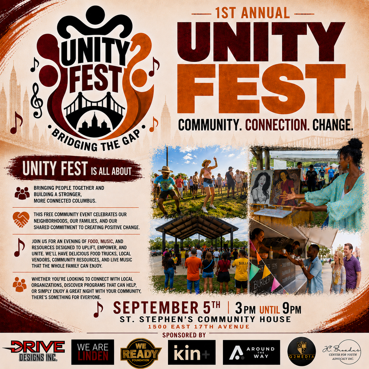 Unity Fest 2026 flyer promoting the free September 5 community festival at St. Stephen’s Community House in Columbus with live music, food, vendors and community resources.